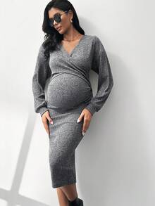 MaterniWear 孕妇纯色重叠V领落肩长袖罗纹修身优雅哺乳连衣裙 - 灰色 - 查看 4