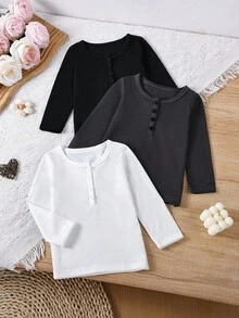 SHEIN 3pcs Baby Girl Knitted Comfortable Long Sleeve, Suitable For 0-3 Years Old Children, Large Collar Design, Vertical Button Decoration On The Chest. Soft Touch. Suitable For Various Occasions, Such As Outdoor Activities, Family Gatherings, Etc. Suitable For Autumn And Winter.