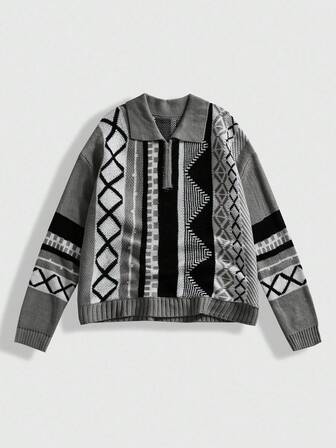 Street Life Men's Loose Rhombus Pattern Half-Zip Long Sleeve Jacquard Sweater, Fall/Winter