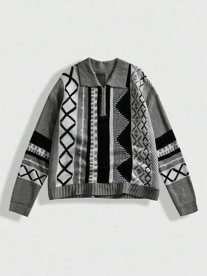 Street Life Men's Loose Rhombus Pattern Half-Zip Long Sleeve Jacquard Sweater, Fall/Winter