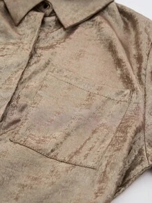 SHEIN Stylify 女士优雅高端正式办公室通勤休闲曲线商务休闲装节日下午茶日常聚会宾客连衣裙，金属面料衬衫领前开腰 A 字开衩设计长袖袖口系带长裙 - 金色 - 查看 6