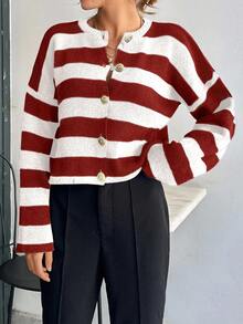 EURMUSE 女士条纹圆领前扣开衫 - 紅色 - 查看 5