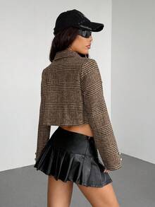 SHEIN Unity Jaket Wanita Wol Gaya Retro Streetwear Terbaru Musim Gugur/Dingin, Dekorasi Metal Kelas Atas - Coklat - View 2