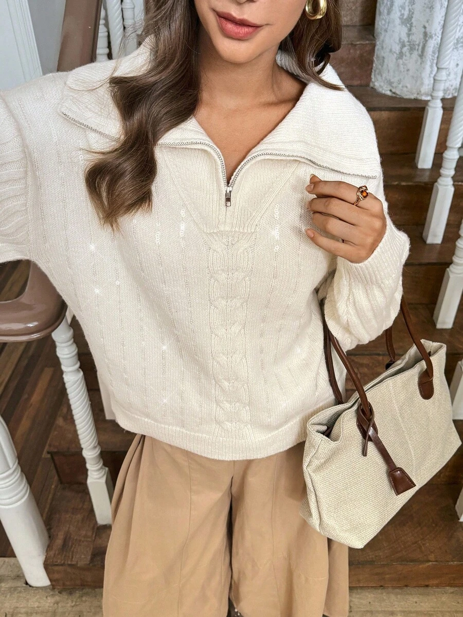 SHEIN LUNE Suéter casual de mujer de unicolor con lentejuelas, LanaWest - Albaricoque - Ver 1
