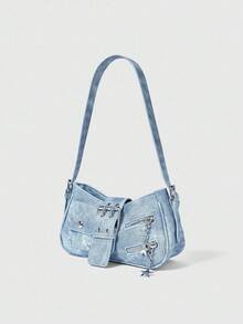 ROMWE Kawaii 女士时尚个性朋克街头牛仔蓝色斜挎包，大容量，Y2k 包，2000 年代时尚风格，哥特式朋克女包 - 藍色 - 查看 3