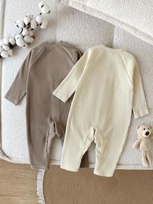2pcs/Set Infant Boys' Cute Fuzzy Ribbed Front Snap Jumpsuit,Beige,Autumn,Casual,Family Matching,Baby Boy Clothing For Spring,Summer,School,Vacation - Multicolor - View 2