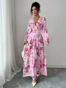 Elenzga Váy midi tay đèn lồng nhún bèo họa tiết hoa nhỏ xinh dành cho nữ, thiết kế lãng mạn kiểu Pháp, eo tôn dáng, cổ chữ V gợi cảm, đa năng cho các buổi hẹn hò, tiệc tùng, mặc nhiều lớp, mùa xuân/thu - Hồng - Xem 8