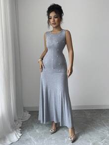SHEIN Elenzya Women's New Gray Elastic Knit Round Neck Sleeveless Waist Cinched A-Line Fish Tail Hem Fitted Maxi Dress With Handcrafted Pearl Detail, Elegant Casual Versatile Everyday Wear, Minimalist Commute Fashion, Autumn/Winter - Grey - View 4