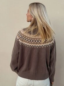 Livesso Pull oversize à col roulé avec motif Fair Isle pour femmes
