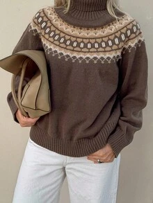 Livesso Pull oversize à col roulé avec motif Fair Isle pour femmes