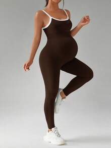 SHEIN Maternity Contrast Color Casual Sports Jumpsuit Pants - Coffee Brown - View 5