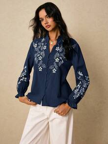 Poéselle 女士花卉刺绣前襟纽扣翻领长袖衬衫 - 藏蓝色 - 查看 7