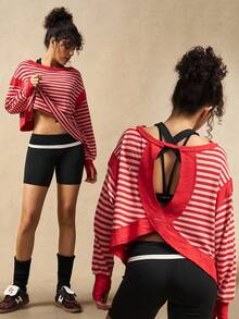 VARSIVA Women's Contrast Stripe Long Sleeve Sports T-Shirt Open Back Workout Top Open Back Athletic Top Gym Tops Rib Knit Open Back Tops Workout Tops - Multicolor - View 2