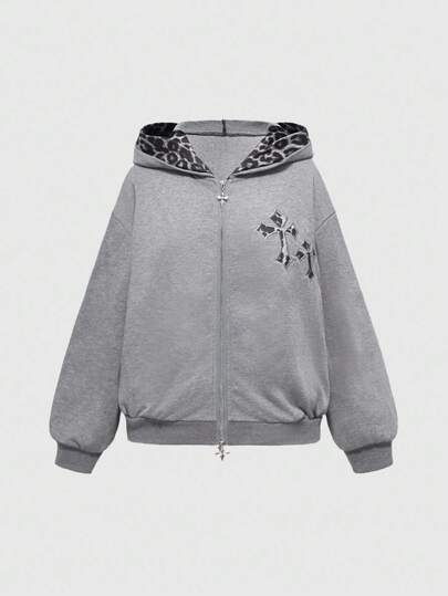 Goth Sudadera con capucha casual de manga larga con hombros caídos, estampado de leopardo y parches cruzados para mujer