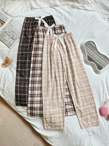 SHEIN 3件套女士休闲缎面蝴蝶结松紧腰格子印花睡裤套装，秋冬服装 - 彩色 - 查看 4