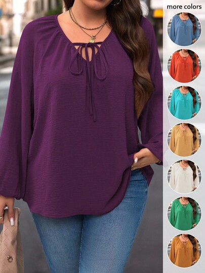 SHEIN Plus Size Casual Everyday Solid Color Elegant Textured Loose Shirt, Autumn