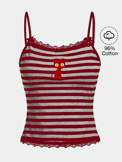 Hippie Camiseta de tirantes con parches de encaje bordados con bruja y gato negro