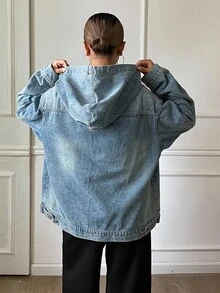 DAZY 西部牛仔女装做旧洗水宽松连帽长袖口袋休闲街头牛仔夹克，适合秋冬女士 - 藍色 - 查看 2