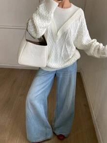 DAZY Suéter de punto holgado y elegante de mujer con ajuste casual, estampado de parches y flores, cuello redondo y manga larga, para otoño/invierno - Blanco - Ver 4