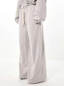 SUMWON WOMEN Pantalones de chándal de pierna ancha con cordón, panel de carga, pantalones de salón cómodos, joggers de invierno acogedores, prendas inferiores amplias y acogedoras - Gris Claro - Ver 4