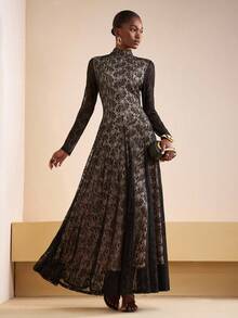 Zivah 2025 秋冬新款优雅性感气质黑色蕾丝透视长袖大A字女式长裙带衬里，适合音乐会服装、万圣节、商务休闲女装、教师服装、外出、婚礼宾客服装、生日派对、派对、教堂服装、女士早午餐服装、俱乐部服装女士性感、圣诞节-Z - 黑色 - 查看 7