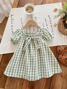 SHEIN Cute Baby Girl Plaid Short Sleeve Bow Loose Summer Vacation Dress - Green - View 7