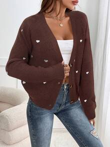 SHEIN Frenchy Áo khoác cardigan dài tay in hình trái tim thường ngày dành cho nữ mùa thu đông - Cà phê nâu - Xem 5