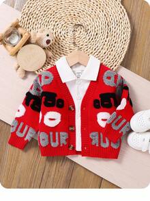 SHEIN Baby Boy/Girl Minimalist Letter Pattern Knit Soft V-Neck Long Sleeve Cardigan Sweater, Casual & Fashionable For Indoor & Outdoor, Autumn/Winter