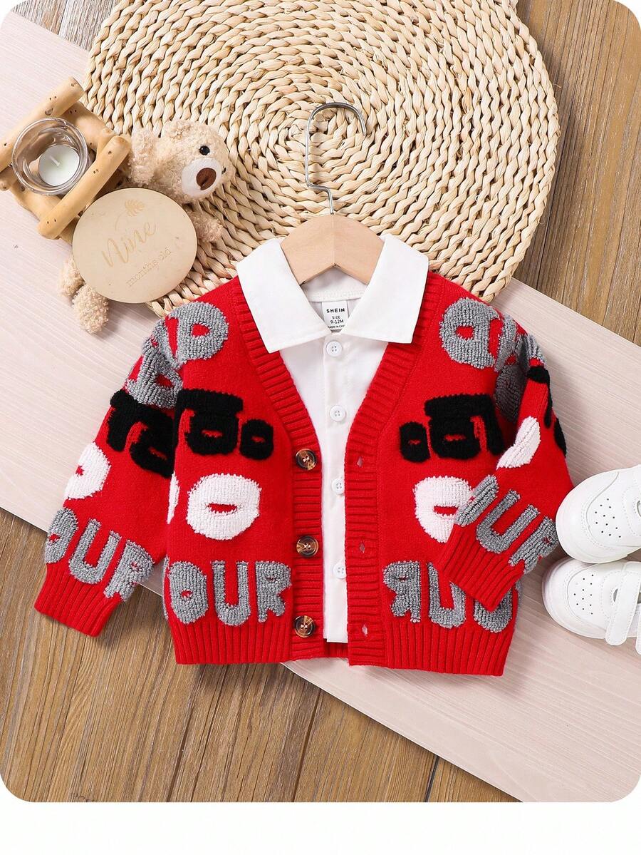 SHEIN Baby Boy/Girl Minimalist Letter Pattern Knit Soft V-Neck Long Sleeve Cardigan Sweater, Casual & Fashionable For Indoor & Outdoor, Autumn/Winter