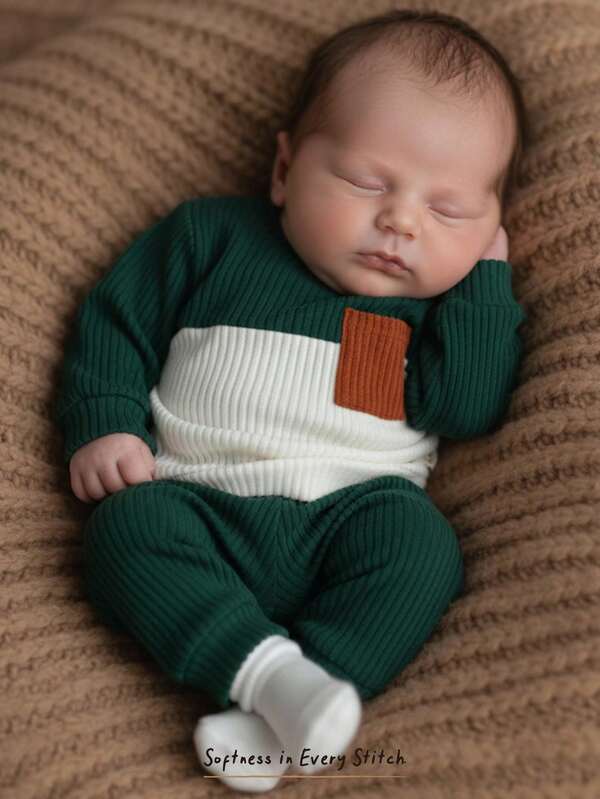 Cozy Pixies Conjunto de 2 piezas para recién nacido niño/niña con top de cuello redondo de manga larga con decoración de bolsillo y pantalones de cintura elástica hasta el tobillo