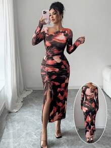 Elenzga 女士斜肩长袖修身腰部抽绳开叉扎染印花优雅精致连衣裙