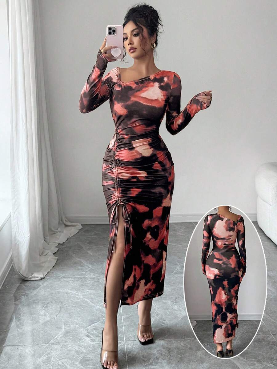 Elenzga 女士斜肩长袖修身腰部抽绳开叉扎染印花优雅精致连衣裙