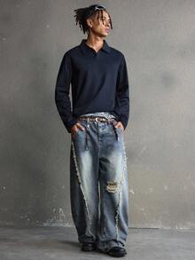 AXEPEAK 男士水洗宽松休闲弯刀设计长裤 - 藍色 - 查看 6