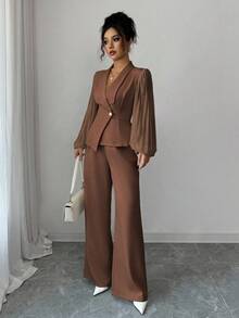Elenzga 女士优雅百搭办公室通勤两件套，灯笼袖设计高端西装外套和九分裤，杏色，秋冬 - 棕色 - 查看 6