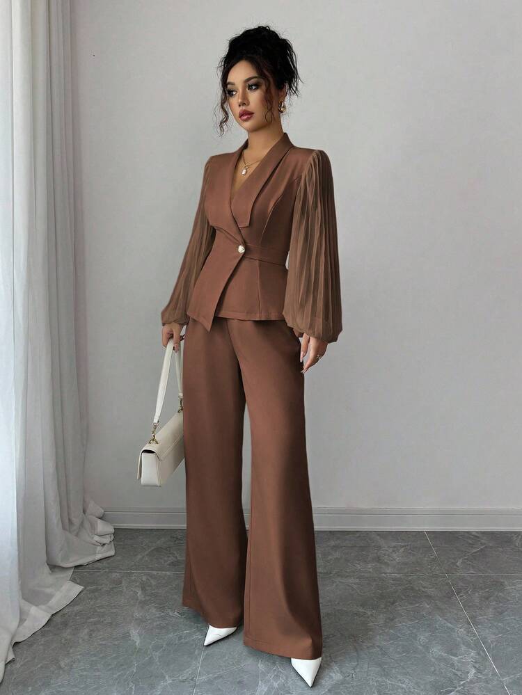 Elenzga Women's Elegant & Versatile Office Commute 2 Pieces Set, Lantern Sleeve Design High-End Blazer Jacket & Ankle Pants, Apricot, Autumn/Winter - Brown - View 6