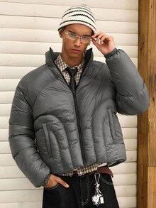 SWAVVY Men's Solid Color Zip-Up Casual Short Winter Jacket - Black - View 6