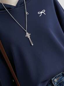 SHEIN 休闲舒适的蝴蝶印花卫衣，宽松版型，适合青少年女孩，秋冬季穿着。 - 藏蓝色 - 查看 5