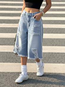 Muchica Quần short denim rách màu xanh nhạt dành cho nữ, có đai thắt lưng - Rửa nhẹ - Xem 4