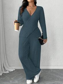 Calvaya Plus Size Soft Knit Ribbed Fabric Criss-Cross Long Sleeve T-Shirt + Soft Ribbed Wide Leg Pants Casual Homewear 2 Pieces Set - Dusty Blue - View 7