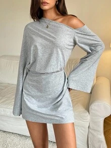 SHEIN Tall 女士时尚通勤纯色不对称领喇叭袖迷你连衣裙，露肩，俱乐部连衣裙，女士秋季连衣裙 - 灰色 - 查看 6