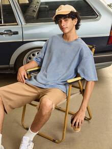 Open Phase STONE DISTRICT Men's Casual Letter Print Round Neck Short Sleeve T-Shirt, Daily Wear, Spring/Summer - Baby Blue - View 1