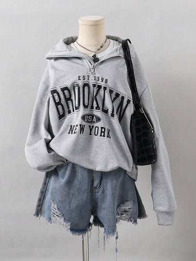 1pc Girls Crew Neck Half-Zip Front Brooklyn Letter Graphic Print Long Sleeve Pullover Sweatshirt, Autumn
