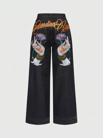 ROMWE Avant Jeans droits unisexes rétro Y2K style chinois de base avec broderie de lotus