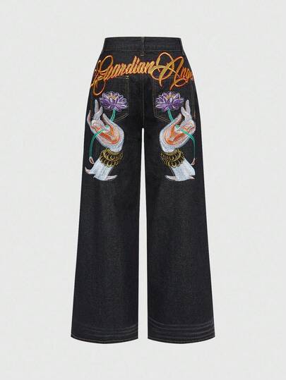 ROMWE Avant Unisex Retro Y2K Chinese Style Basic Lotus Embroidered Straight Leg Jeans