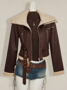 SHEIN ICON 女式仿皮毛内衬复古做旧棕色翻领皮夹克，秋冬款 - 棕色 - 查看 1