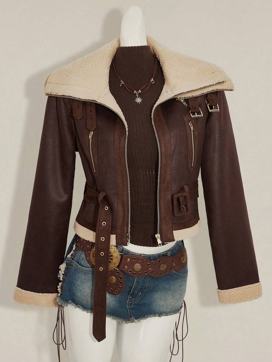 SHEIN ICON 女式仿皮毛内衬复古做旧棕色翻领皮夹克，秋冬款 - 棕色 - 查看 1