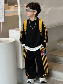 SHEIN 2pcs Tween Boy Casual Striped Letter Print Graphic Crew Neck Loose Long Sleeve Sweatshirt And Relaxed Fit Solid Color Sweatpants Knit Set, Suitable For School, Garden, Beach, Birthday, Spring/Summer