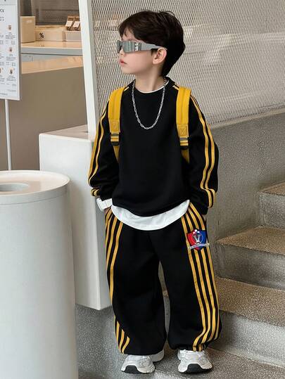 SHEIN 2pcs Tween Boy Casual Striped Letter Print Graphic Crew Neck Loose Long Sleeve Sweatshirt And Relaxed Fit Solid Color Sweatpants Knit Set, Suitable For School, Garden, Beach, Birthday, Spring/Summer