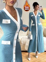 Elenzga Autumn/Winter New French Casual Elegant Chic Ribbed Faux Fur Patchwork Pearl Button Fitted A-Line Long Sleeve Women Dress, Versatile For Daily Wear, Suitable For Teachers