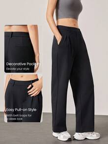 GLOWMODE 29" Warm Fleece Versatile Wrinkle-Resistant Stretchy Easy Pull-On Tailored Wide Leg Work Pants With Side Pockets Daily Casual Office Winter - Black - View 5